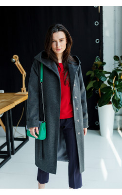 Темно-серое пальто с капюшоном 77-1107