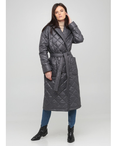 Сіре стьобане пальто на кнопках з поясом