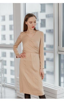 Бежевое платье с поясом-завязкой 77-330-686