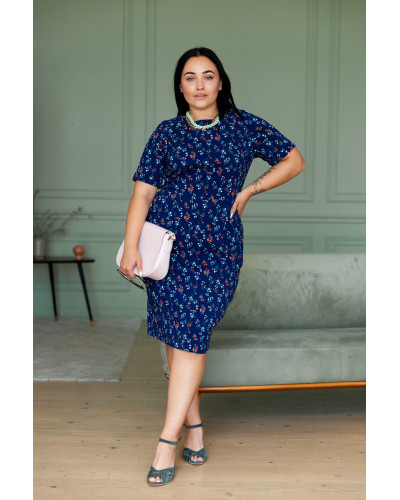 Синее платье футляр с цветами 77-361-719