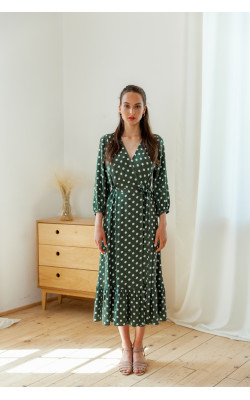 Платье на запах пыльно зелёное в горохи 77-415-811