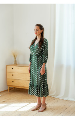 Платье на запах пыльно зелёное в горохи 77-415-811