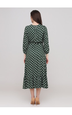 Зеленое платье в горохи на запах  с воланом внизу